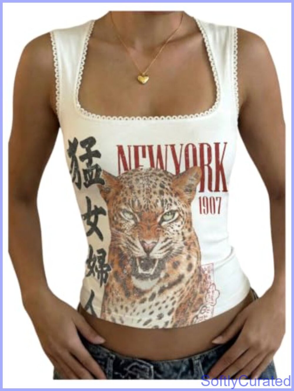 Slim Fit Letter Cheetah Print Square Neck Crop Tank Top